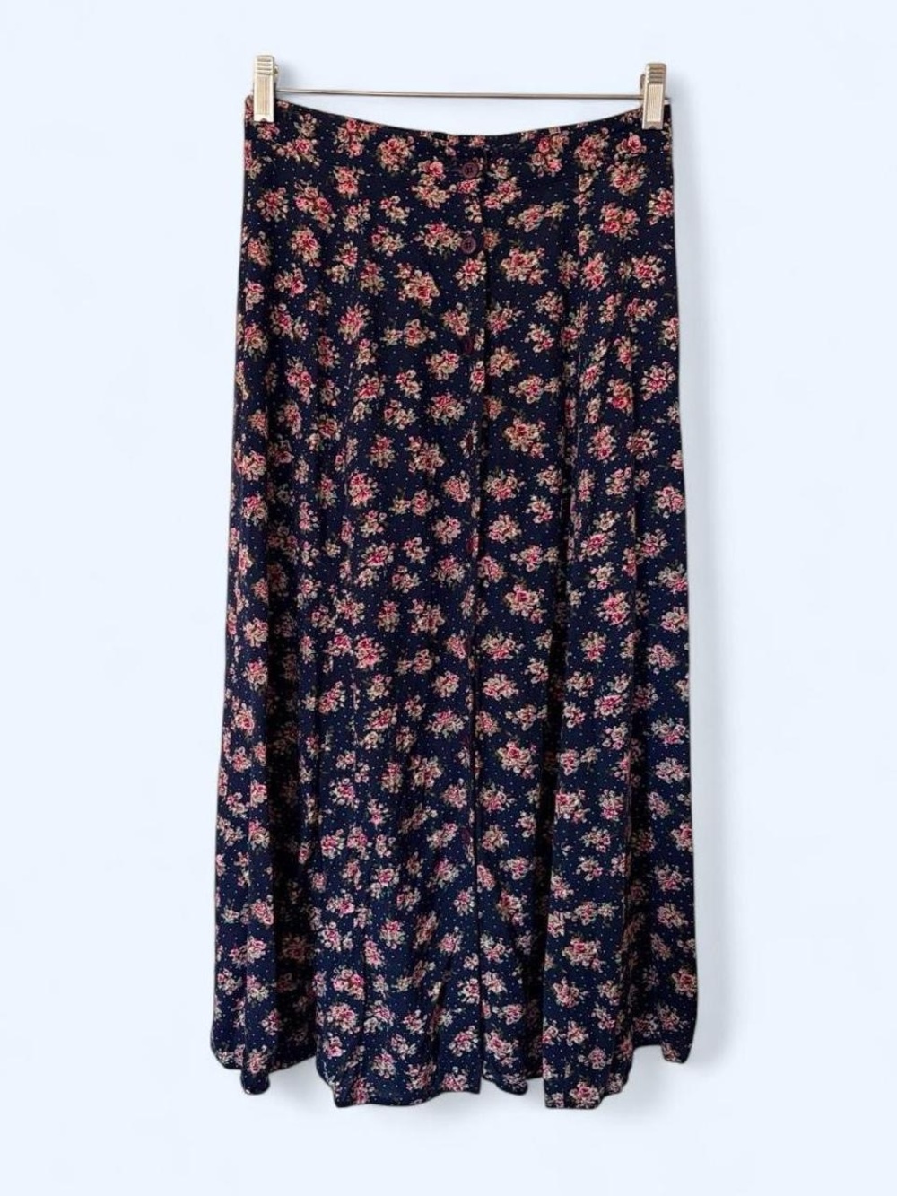 Vintage 90s Floral Rayon Button Front Maxi Skirt M